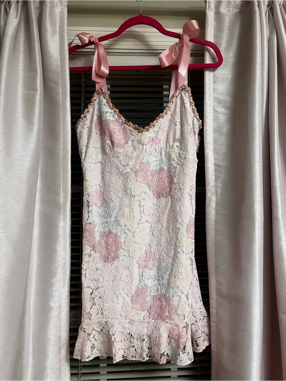 Dolls Kill Sugar Thrillz Size M Floral Lace Slip Dress with Pink Ribbon Straps